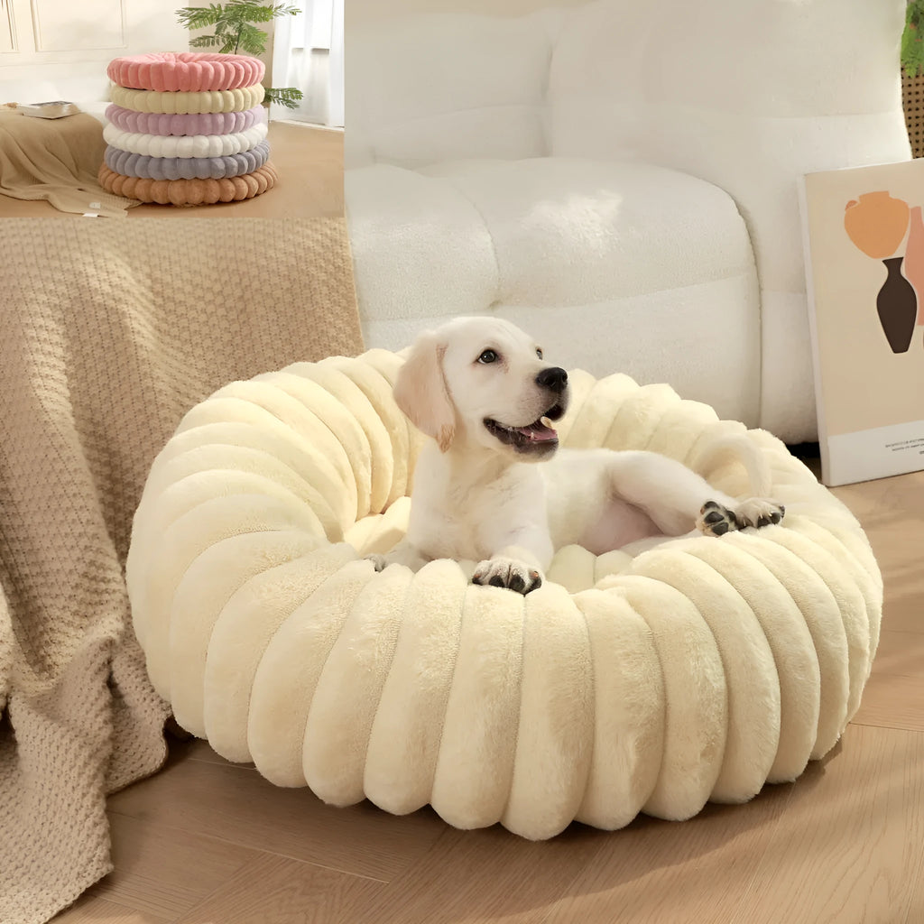 Circular plush pet bed mat in beige colour showing soft long hair rabbit plush material texture