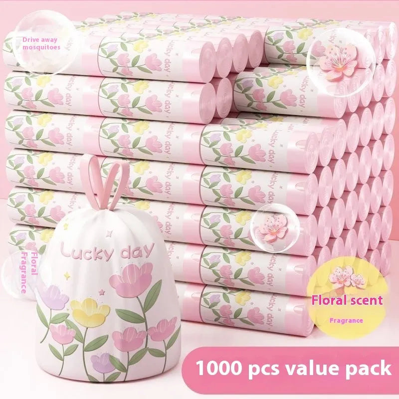 Pink drawstring garbage bags with argy wormwood for mosquito repellent, sized 44cm by 48cm.