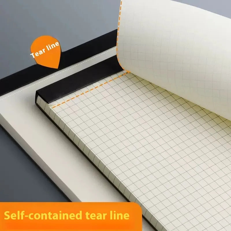 A5, B5, and A4 writing pads with tearable sheets in line, grid, and blank page styles.