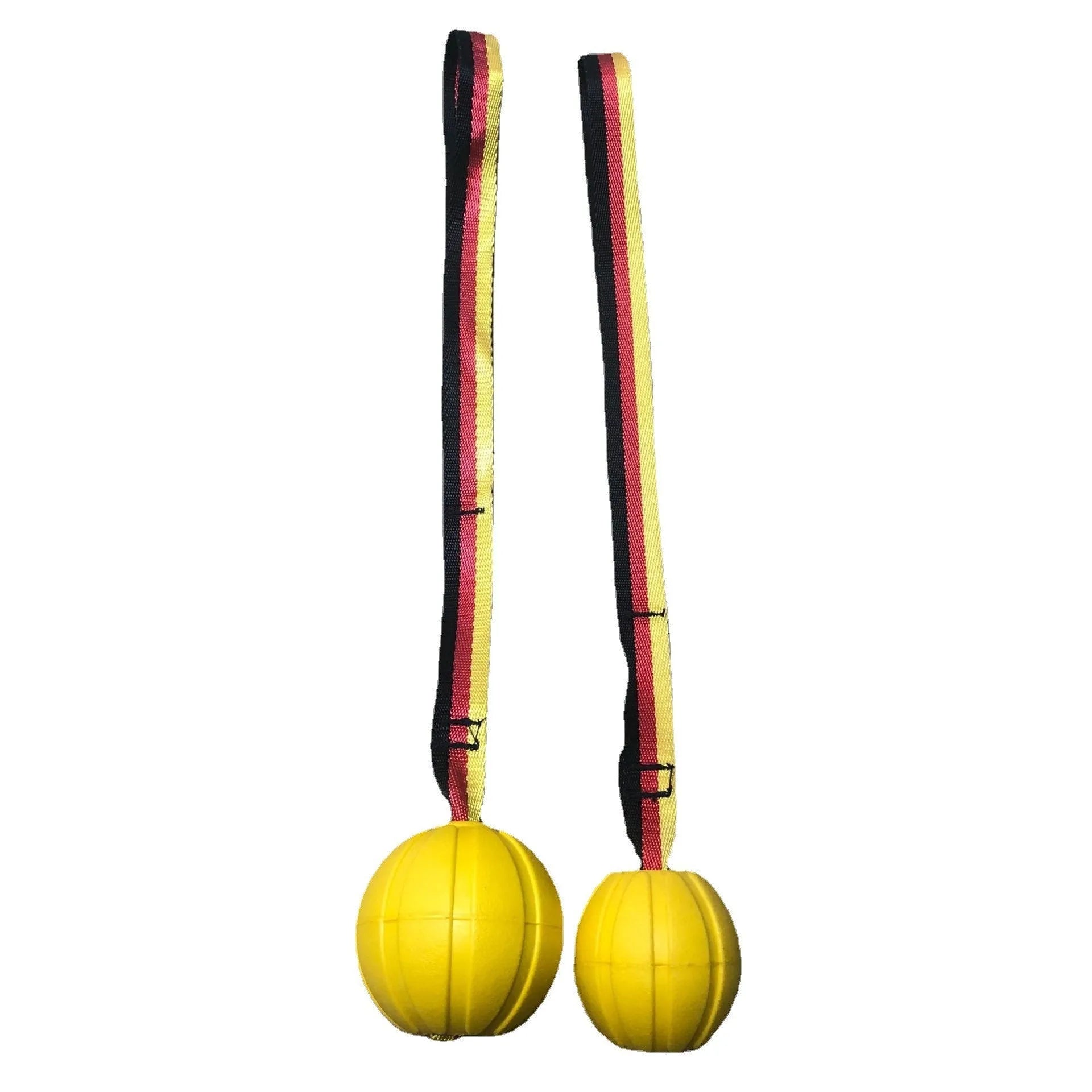 Floating EVA foam dog training ball with string in camouflage or yellow colour, shown in 6.5cm, 7cm, and 9cm diameter sizes