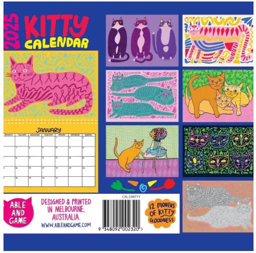 Large A3 cat-themed paper wall calendar for 2024 or 2025 displayed on a wall.