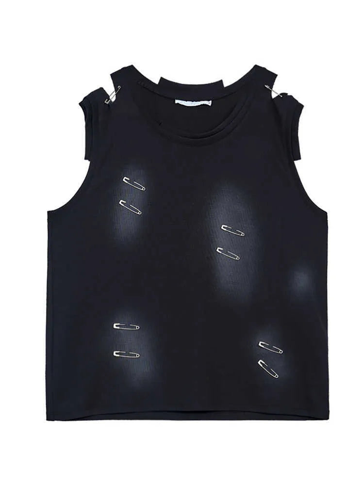 Men's black sleeveless vest waistcoat with ripped and irregular cutting detail on a mannequin.
