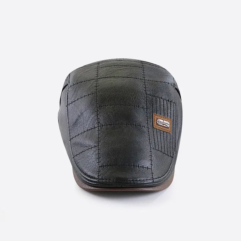 Fashionable all-match PU leather peaked cap with fleece lining in black, dark coffee, and light brown