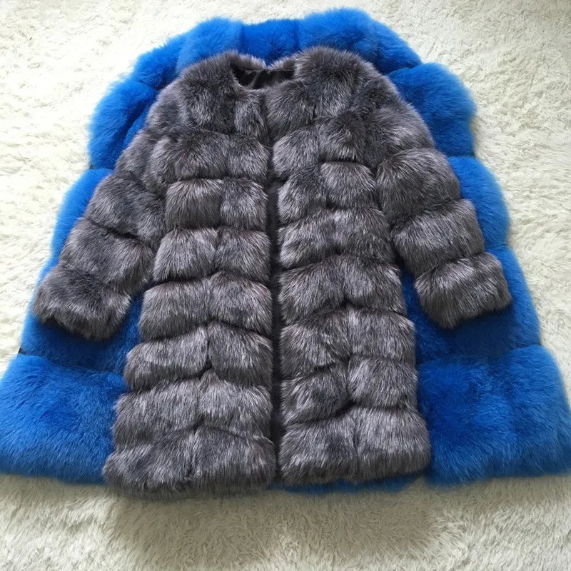 Women's longline thick artificial fur coat in wine red colour, showing regular sleeves and full-length design.
