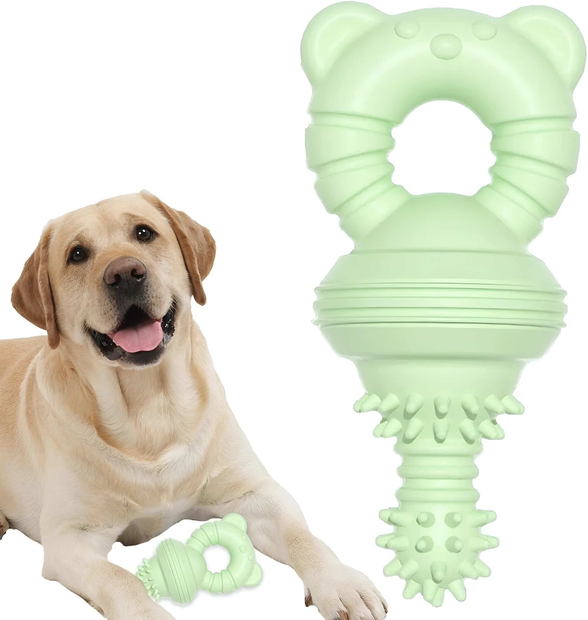 Blue rubber dog chew toy with textured surface for cleaning teeth, shown next to a measuring tape indicating 13.5cm diameter.