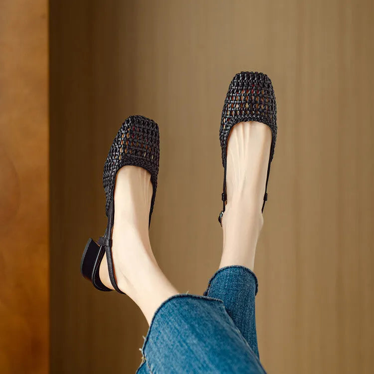 Women's beige woven hollow-out closed toe sandals with chunky 4cm heel and adjustable buckle strap