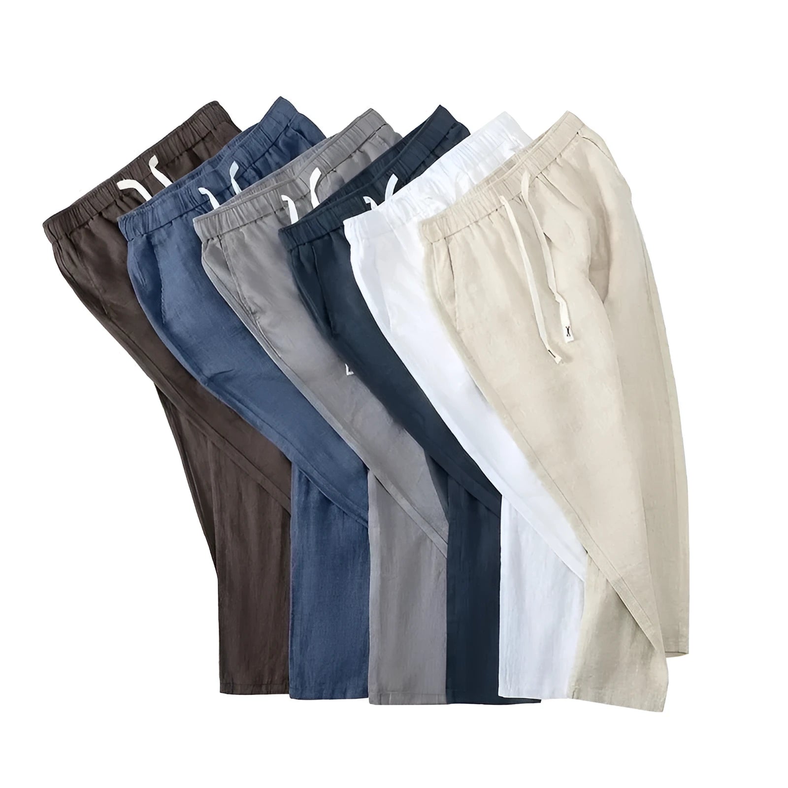 A pair of straight-leg linen trousers in a neutral colour with a visible drawstring elastic waistband.