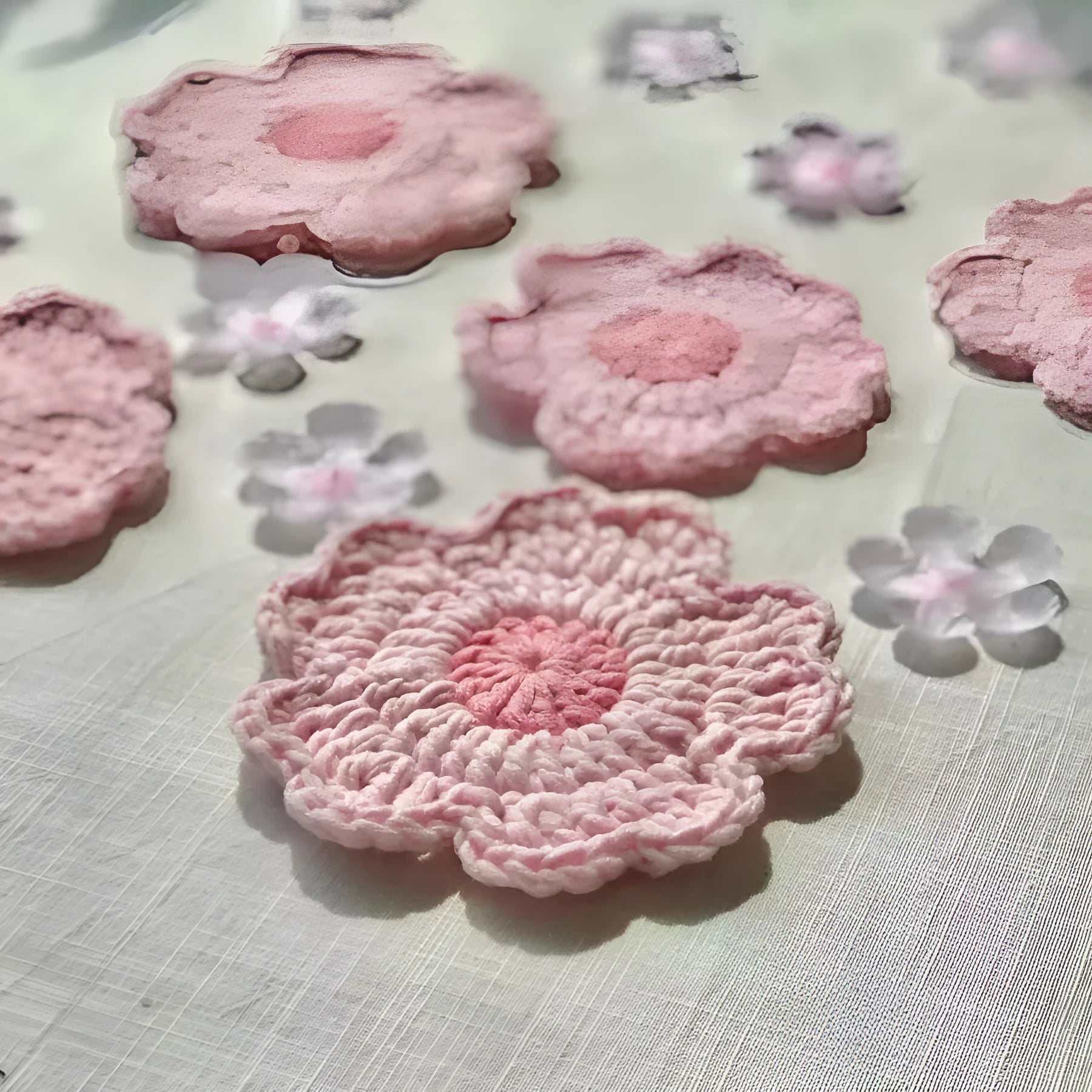 Hand-woven wool coaster in natural colour protecting wooden table from drink