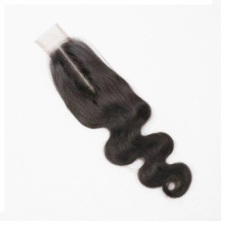 Straight human hair wig in natural colour shown at medium length.