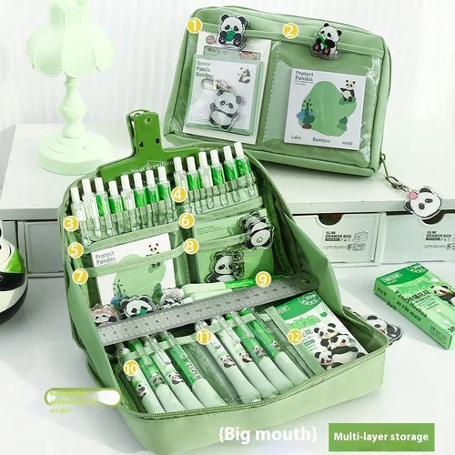 Green canvas panda pencil case with 12-layer organisation showing Korean style design