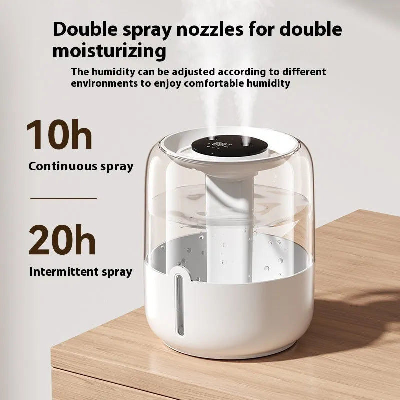 Beige round USB humidifier with dual spray nozzles, digital display, and large water capacity