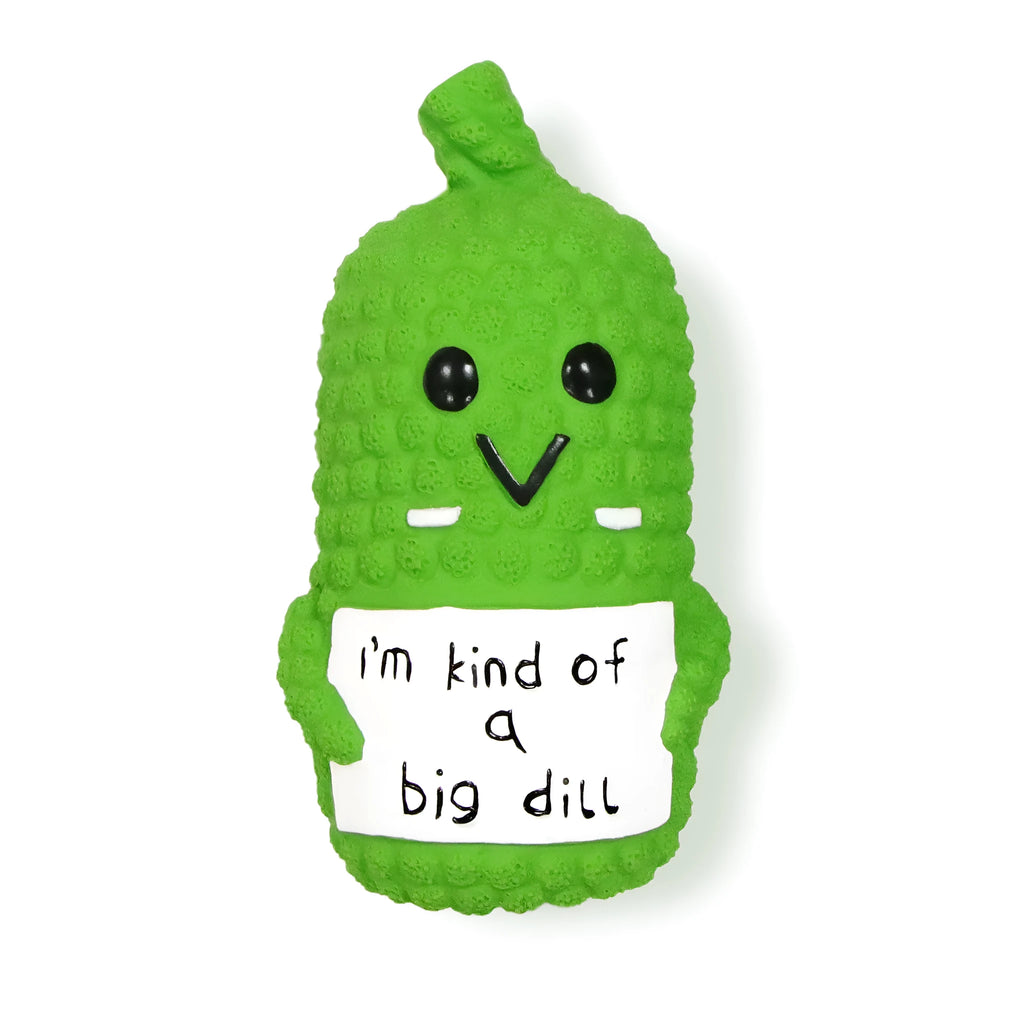 Green latex pickle dog chew toy with textured nubs and squeaker.