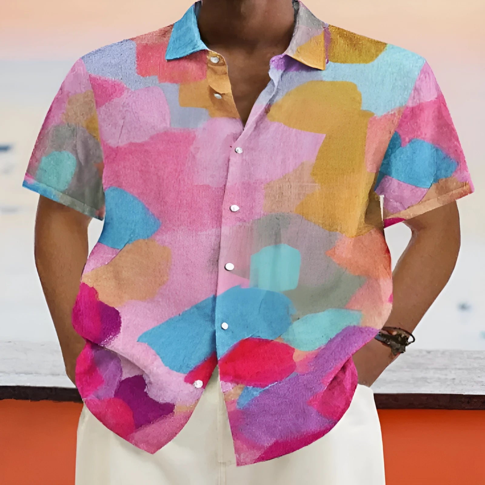 Hawaiian style short sleeve shirt with stand collar and colourful 3D printed design.