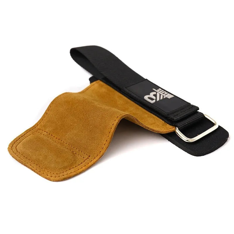 A pair of brown wristband hand protectors for pull-up and bar fitness exercises.