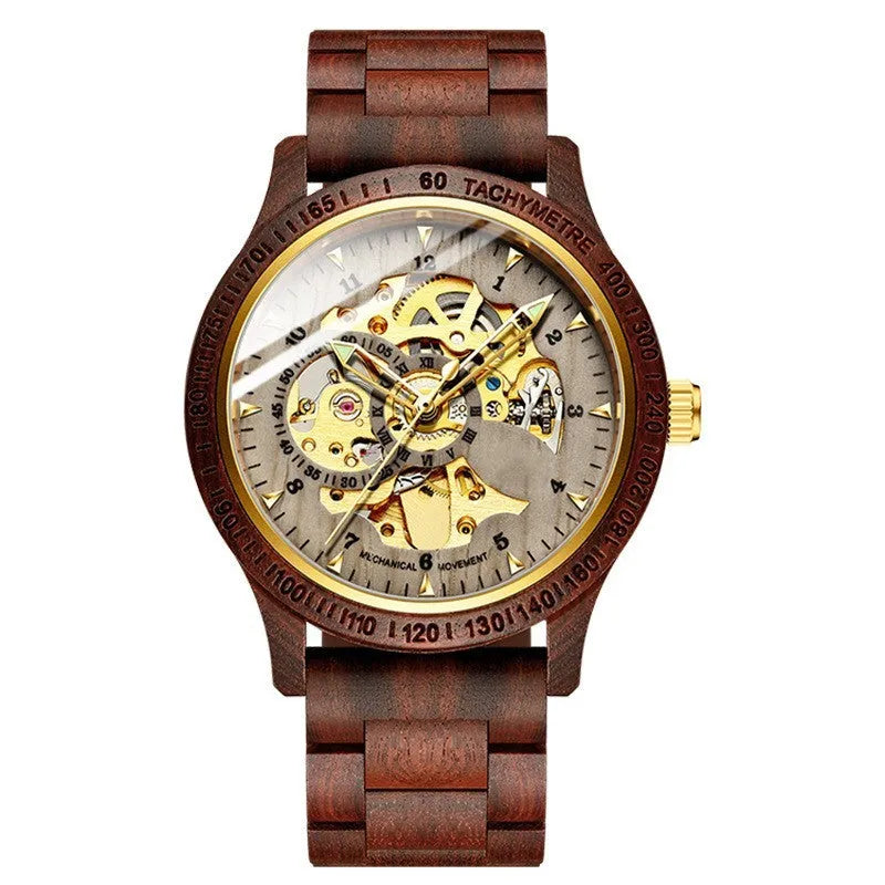 Men's sandalwood automatic mechanical watch with 44 mm wood and alloy case and leather strap