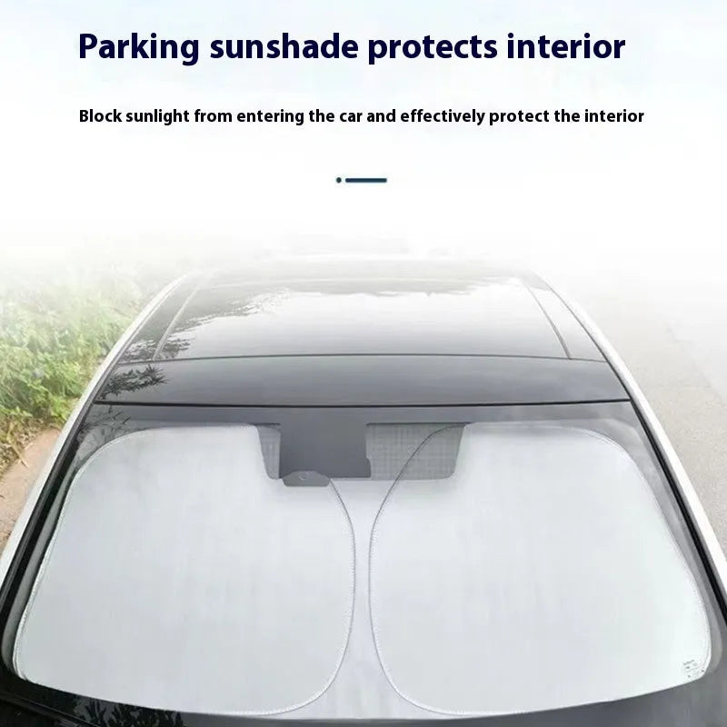 Aluminium foil car sunshade in titanium silver colour, folded flat.