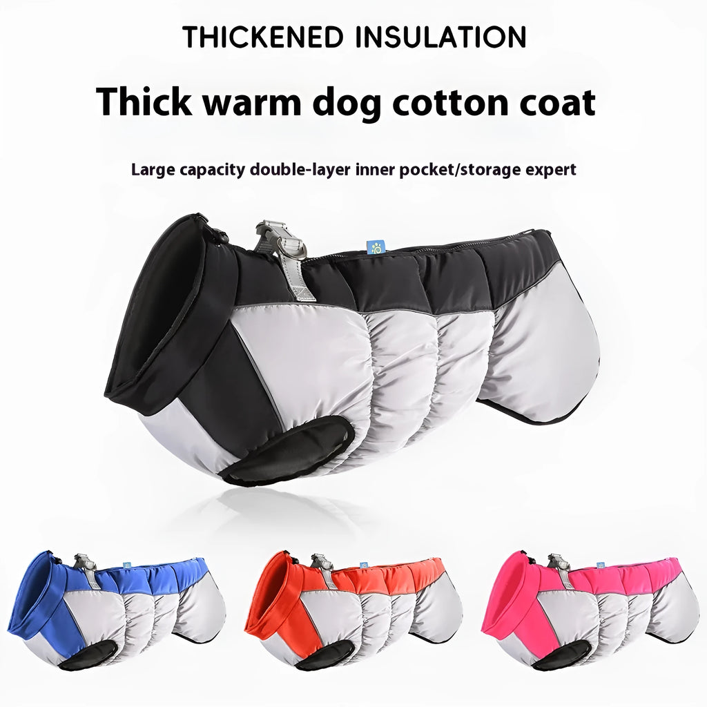 A large dog wearing a reflective waterproof winter coat in polar fleece, available in black, blue, red and rose red.