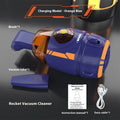 USB handheld desktop vacuum cleaner in blue rocket design on a wooden desk.