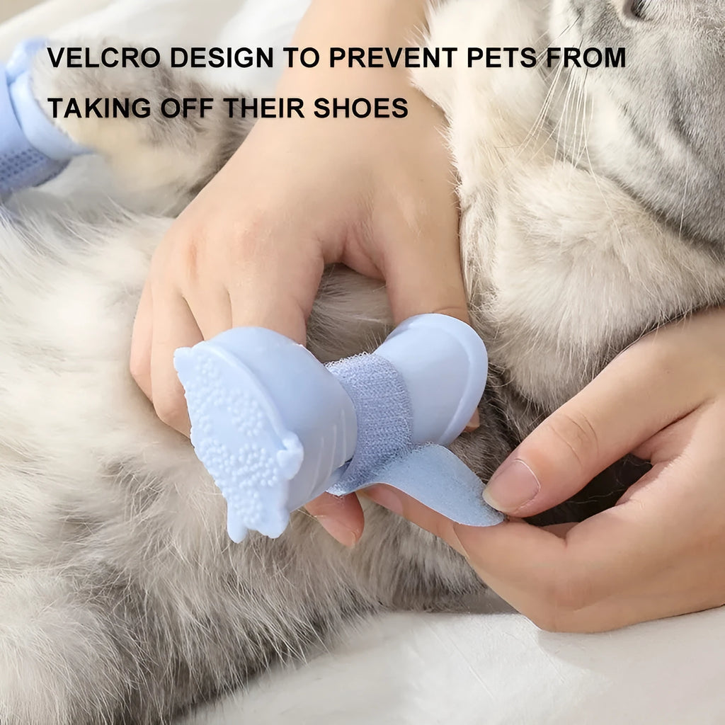 Four waterproof silicone dog rain boots in blue, grey, light blue and pink on a white background