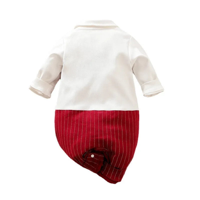 Wine red long-sleeved cotton baby boy romper one-piece suit laid flat