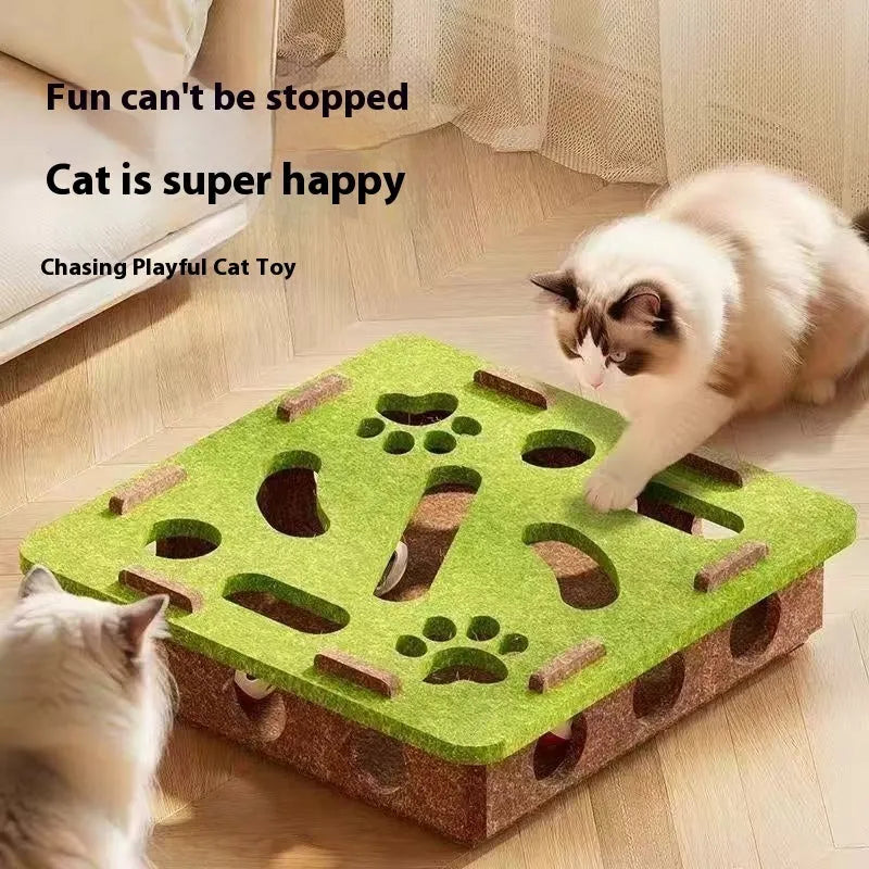 Handmade soft felt cat scratch toy box in green brown colour, measuring 30cm square.
