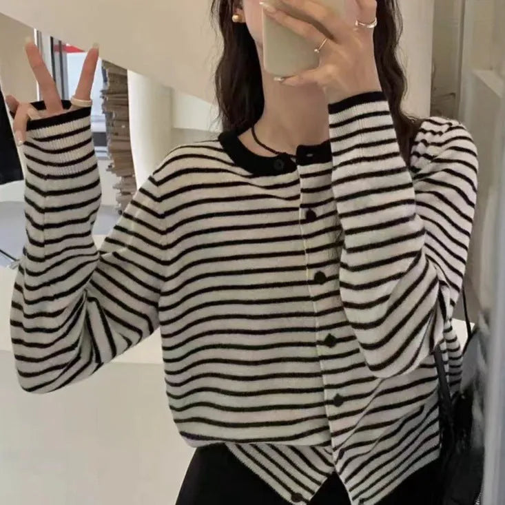 Dark grey and white striped women's cardigan coat with long sleeves and a slim fit.