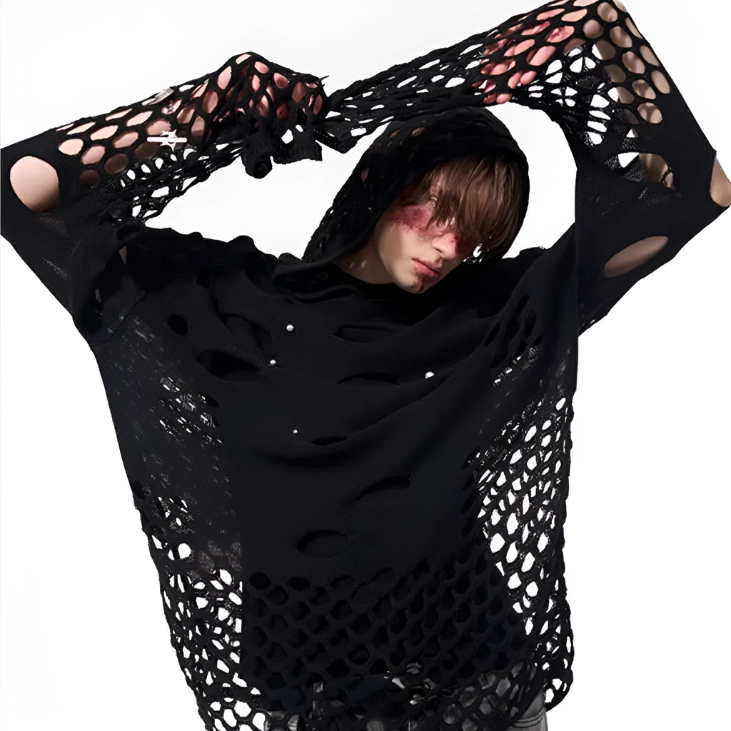 Black men's loose-fit pullover hoodie with pearl decorative details on the hood.