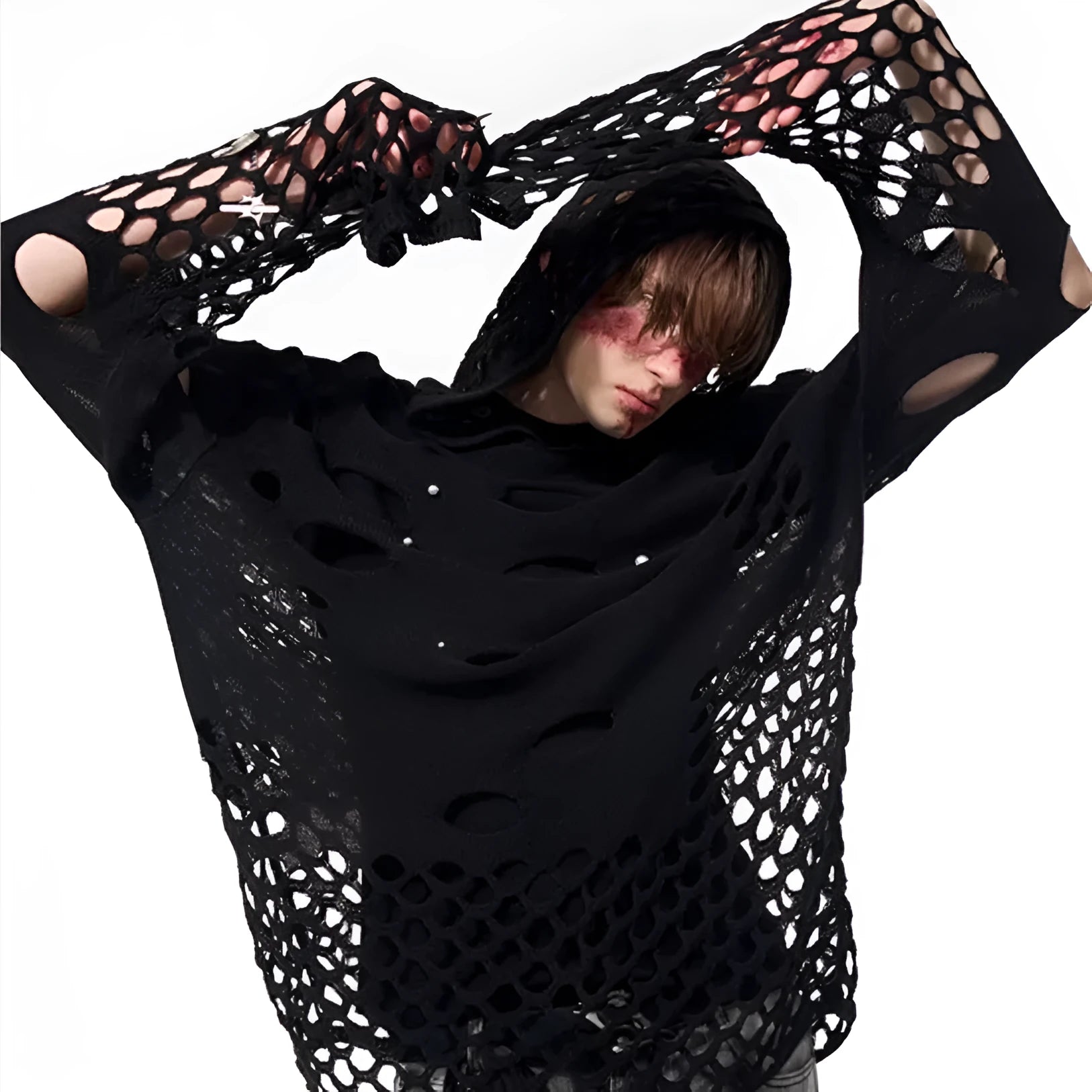 Black men's loose-fit pullover hoodie with pearl decorative details on the hood.