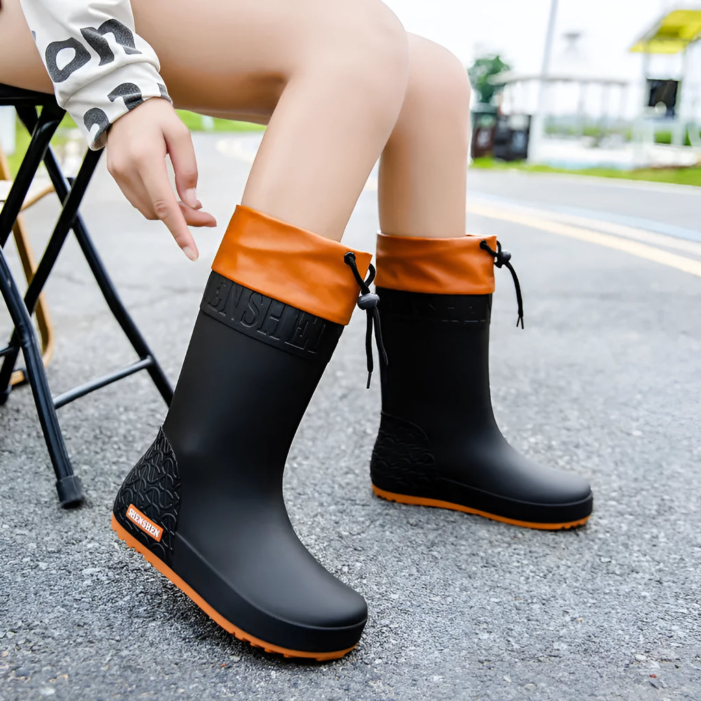 Women's non-slip PVC rain boots in apricot, black, brown, and pink waterproof mouth colours