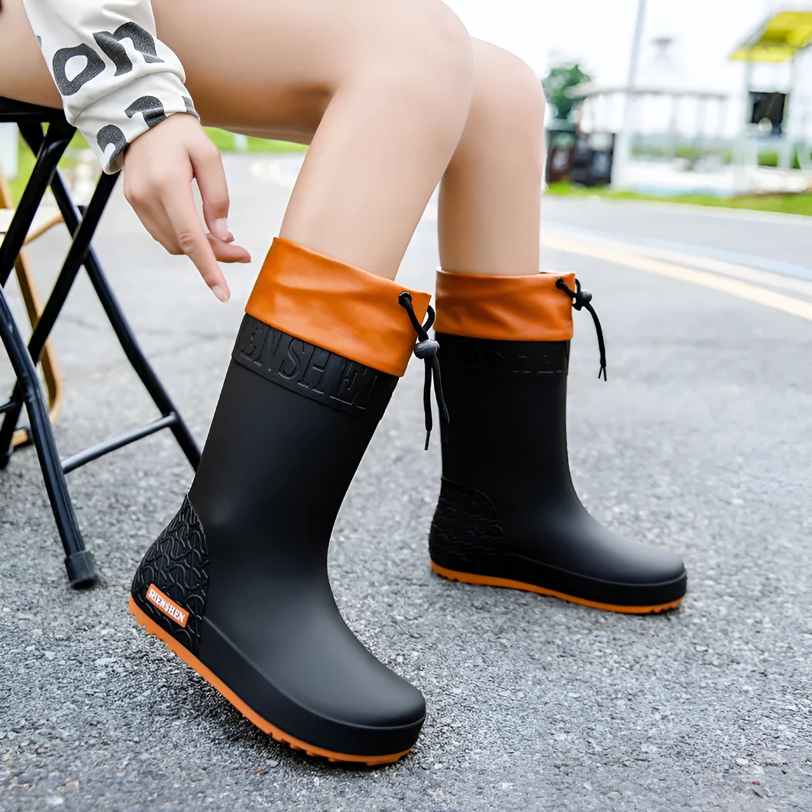 Women's non-slip PVC rain boots in apricot, black, brown, and pink waterproof mouth colours