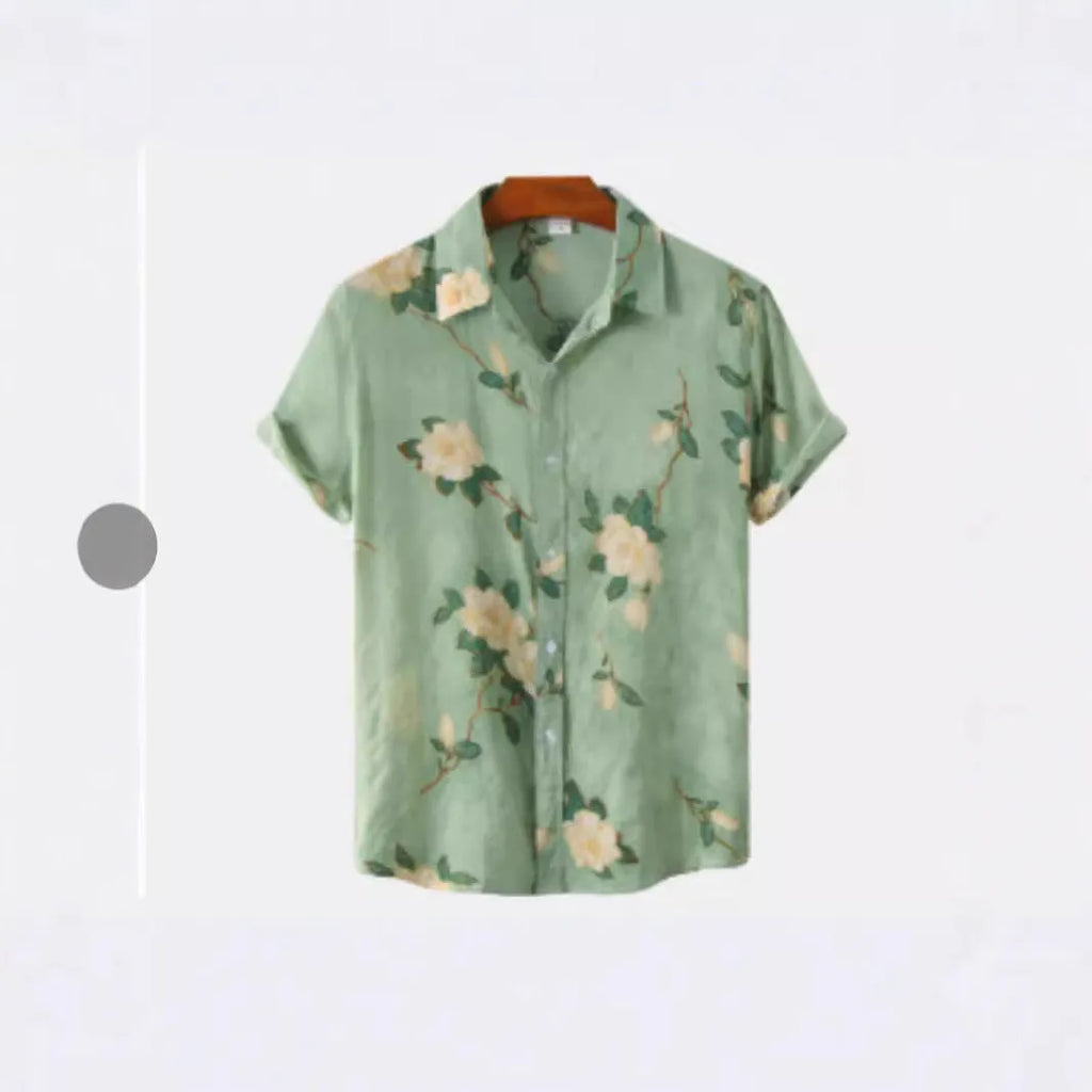 Hawaiian floral print lapel short sleeve shirt in cardigan style.