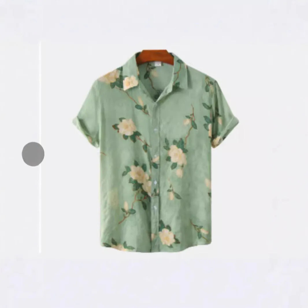 Hawaiian floral print lapel short sleeve shirt in cardigan style.