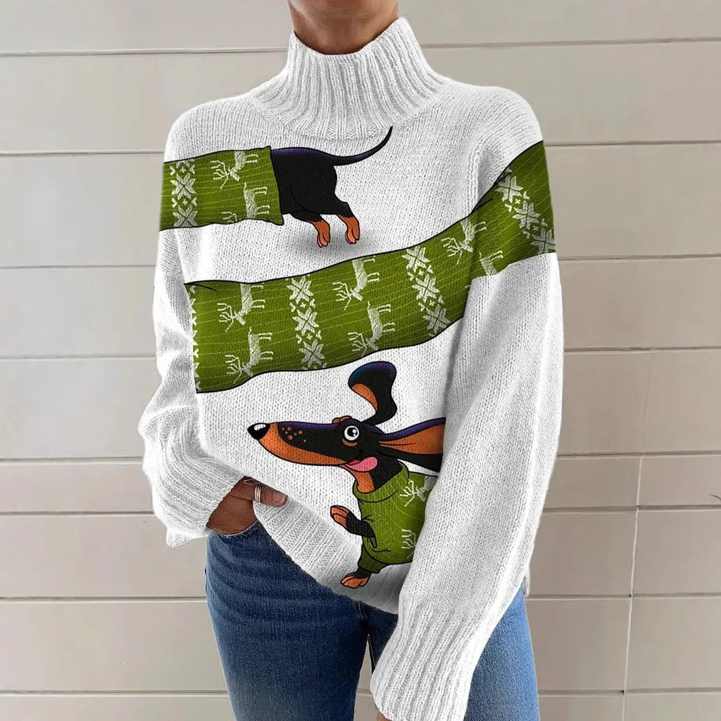 Women's loose-fit Christmas printed turtleneck sweater in macaron colours