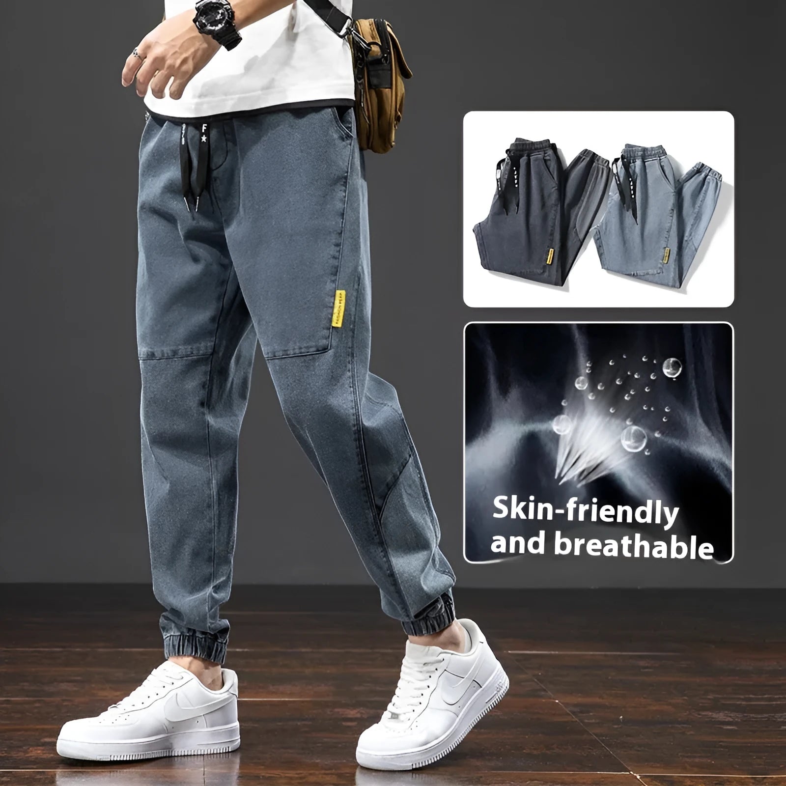 Men's loose cargo casual jeans Korean style thin straight leg trousers micro elasticity