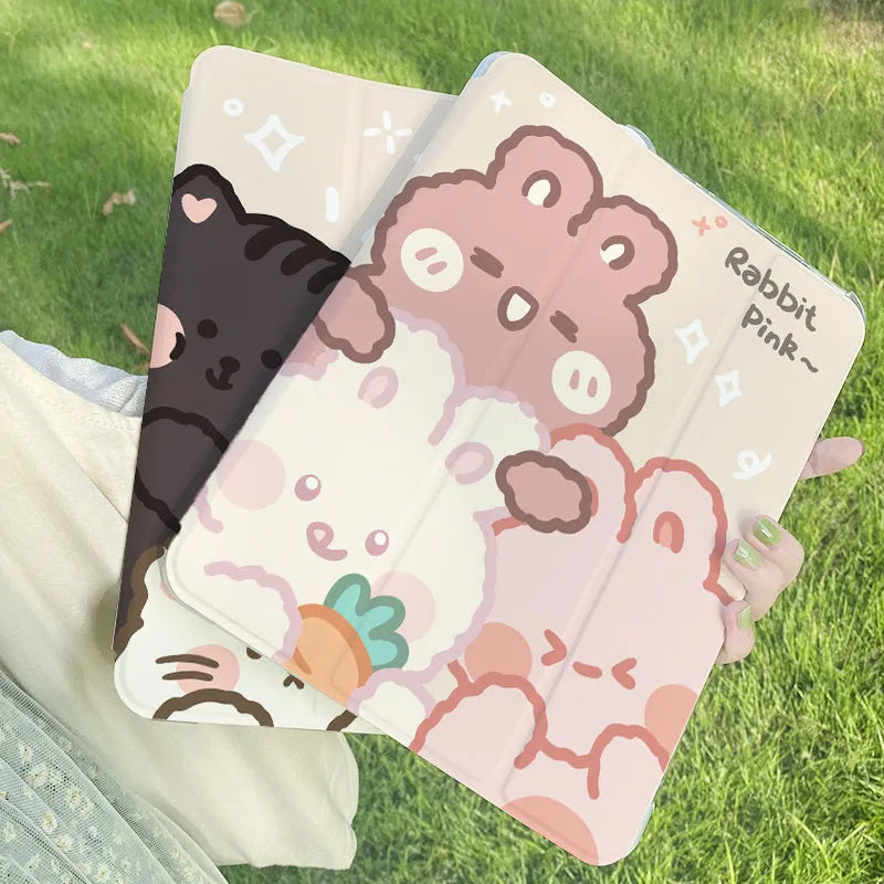 Silicone tri-fold iPad case with cartoon rabbit print, shown folded into a stand.