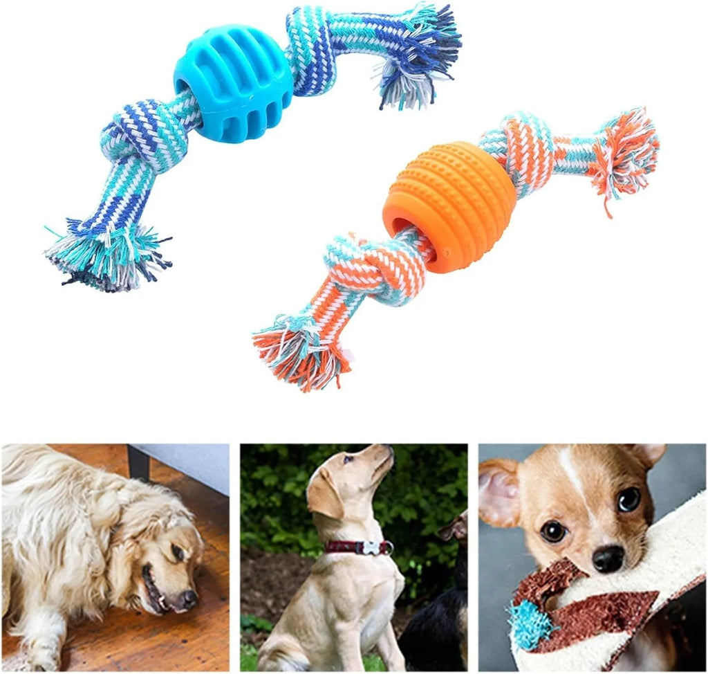 Set of colourful blue, green, orange, pink, and red dog chew toys with rope textures for dental health.