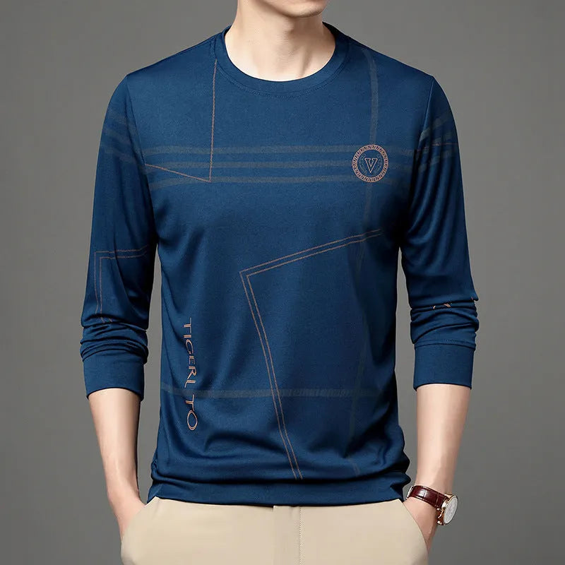 Men's round neck long sleeve t-shirt in Korean style with letter print, available in multiple colours, sizes M-4XL
