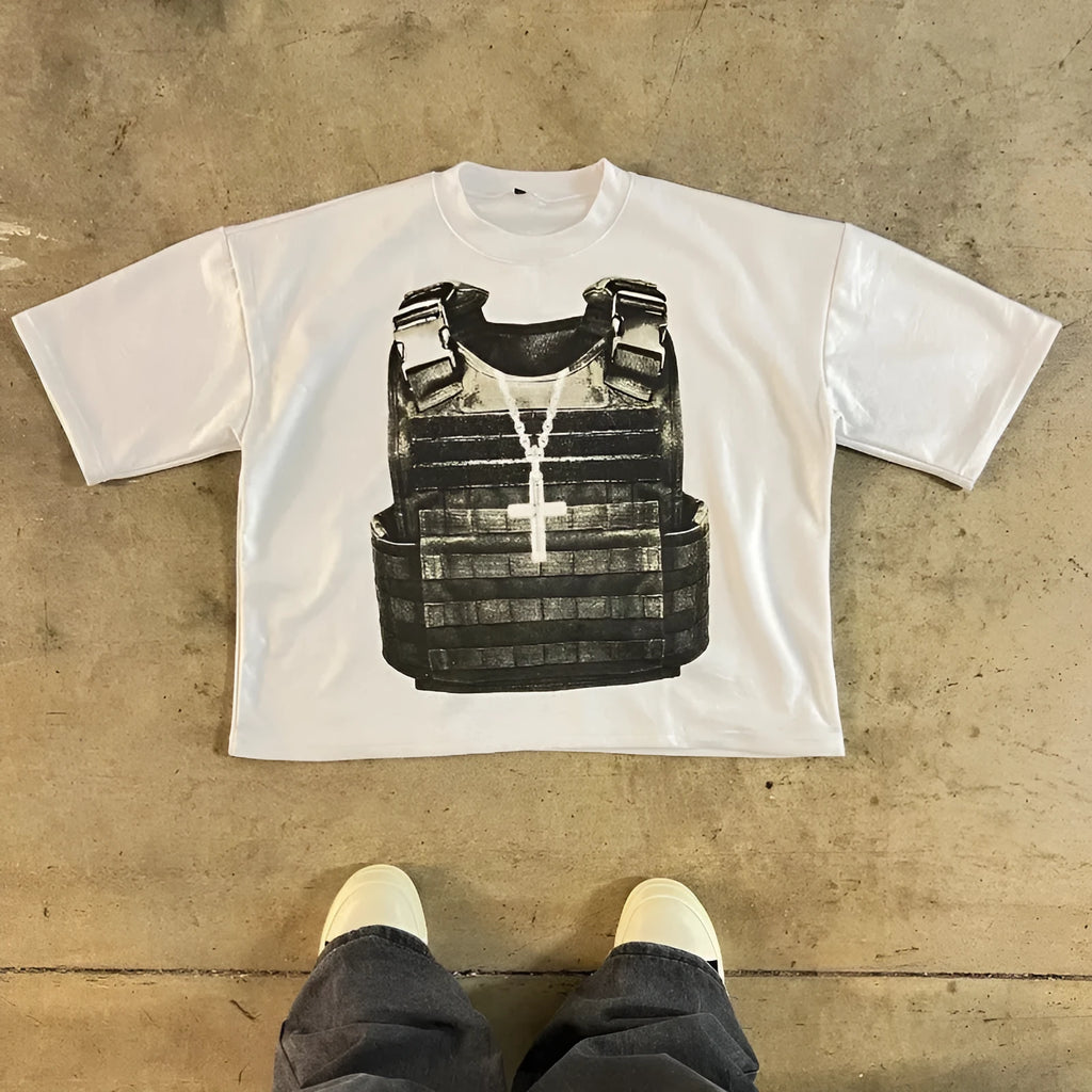 A printed short sleeve cotton t-shirt with drop shoulders in a retro street style.