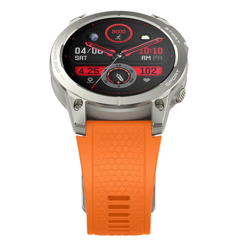 S53 Outdoor GPS Sports Call Smart Watch with black silicone strap and 1.43-inch touchscreen display.