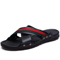 Men's white, blue, and black cowhide flip-flop sandals with PU sole on a plain background.