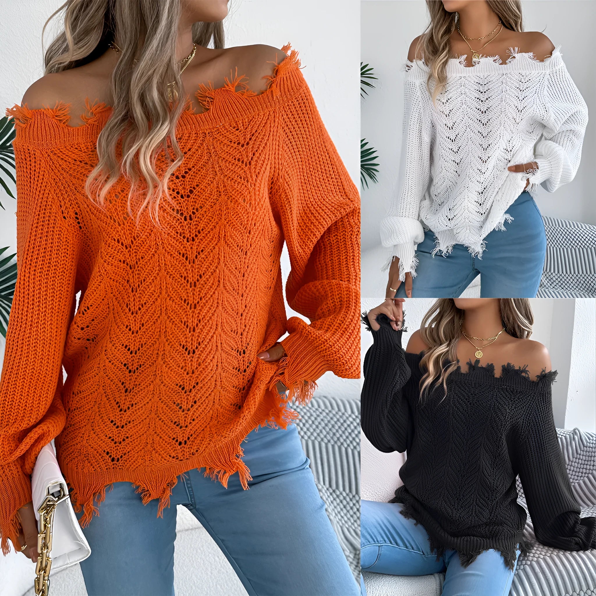 Women's white hollow-out off-the-shoulder long sleeve pullover sweater on a hanger.