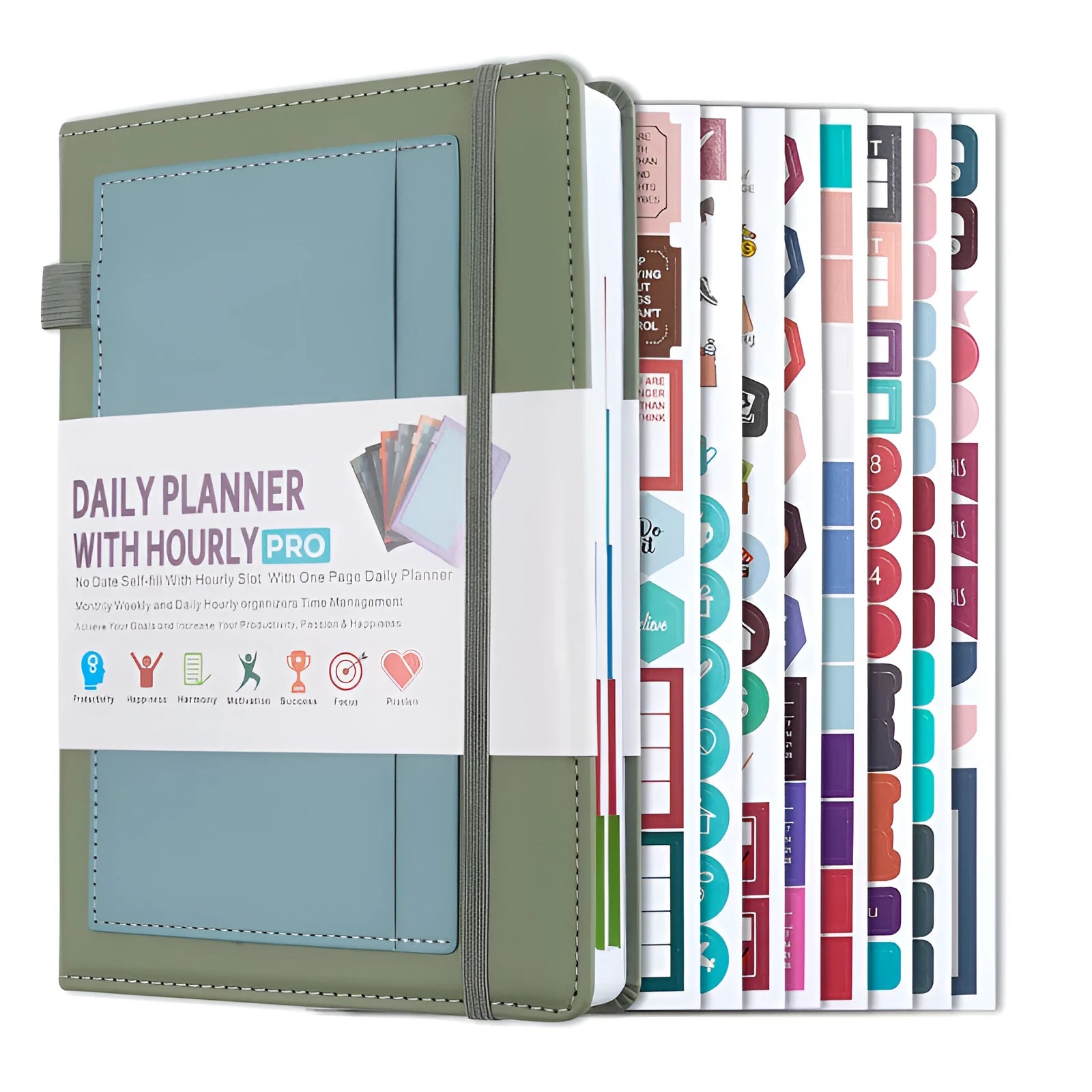 No-date notebook with thread binding, PU cover in multiple colours, shown open on 80g wood-free paper.