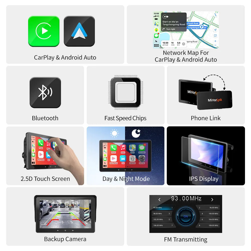 7-inch wireless CarPlay display mounted on a car windscreen with a suction cup, connected to a cigarette lighter plug.