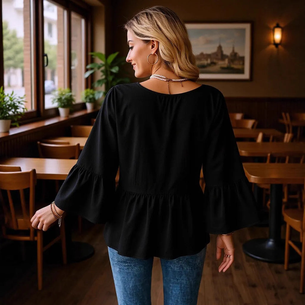 Women's solid colour black casual shirt with seven-point flared sleeves and pleating detail