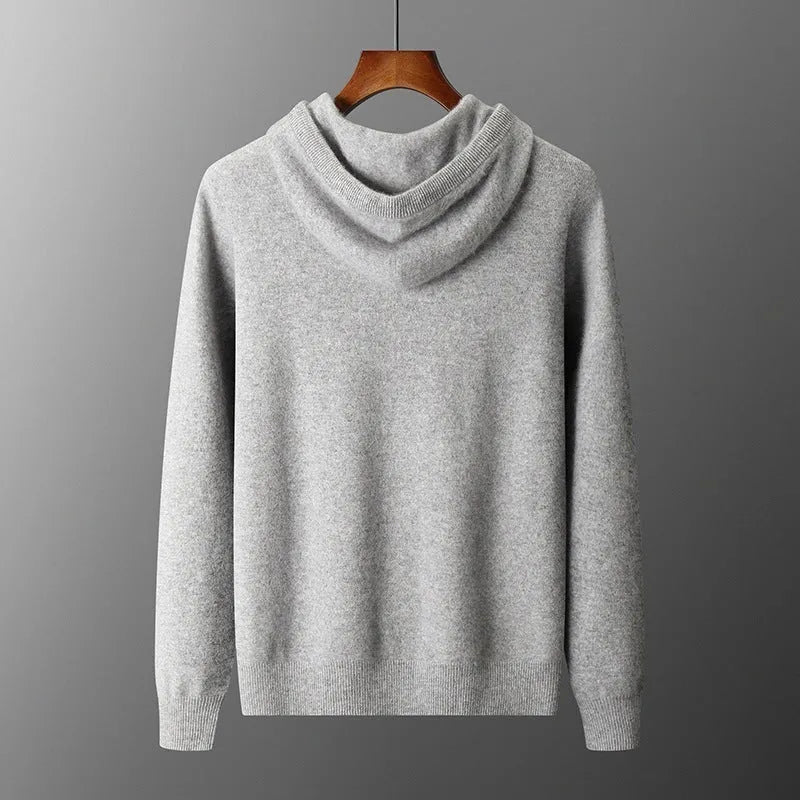 Men's light grey cashmere hooded sweatshirt and matching trousers laid flat.