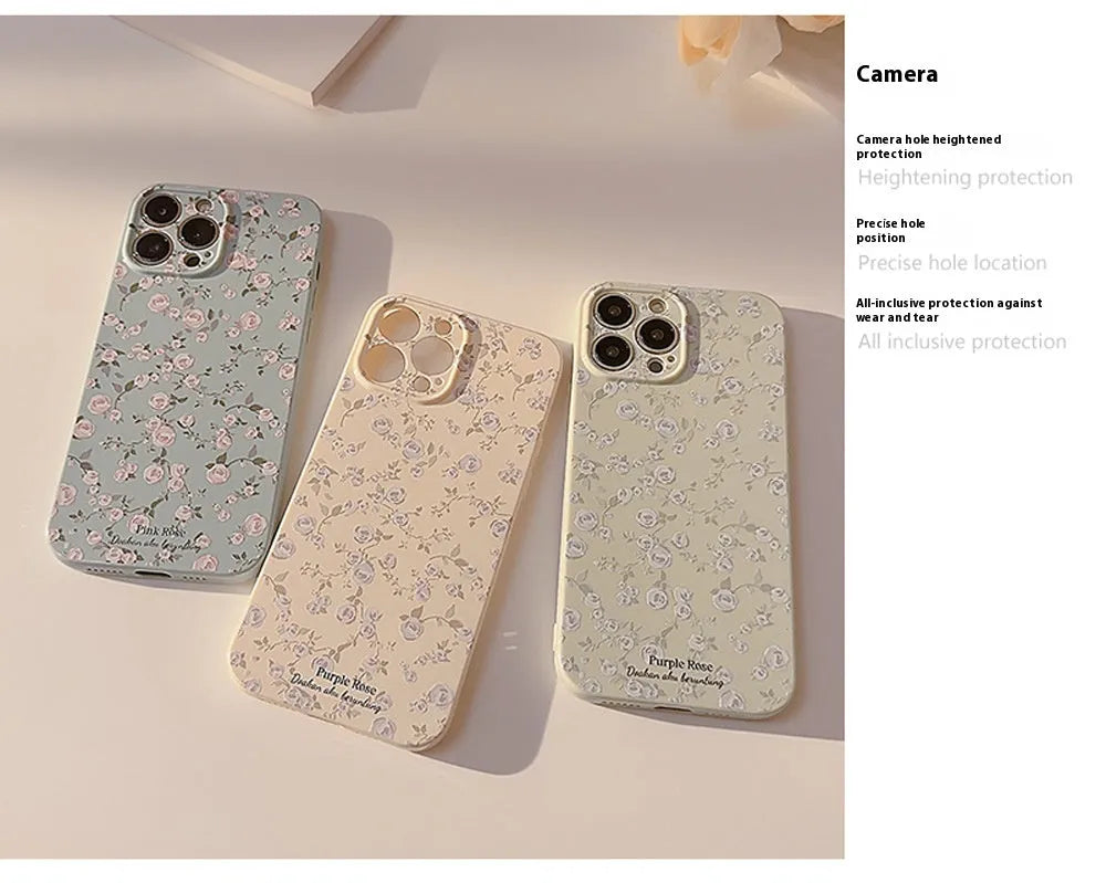 Korean vintage floral TPU phone case for Apple iPhone with painted flowers in embroidered green, water blue, or white colourway