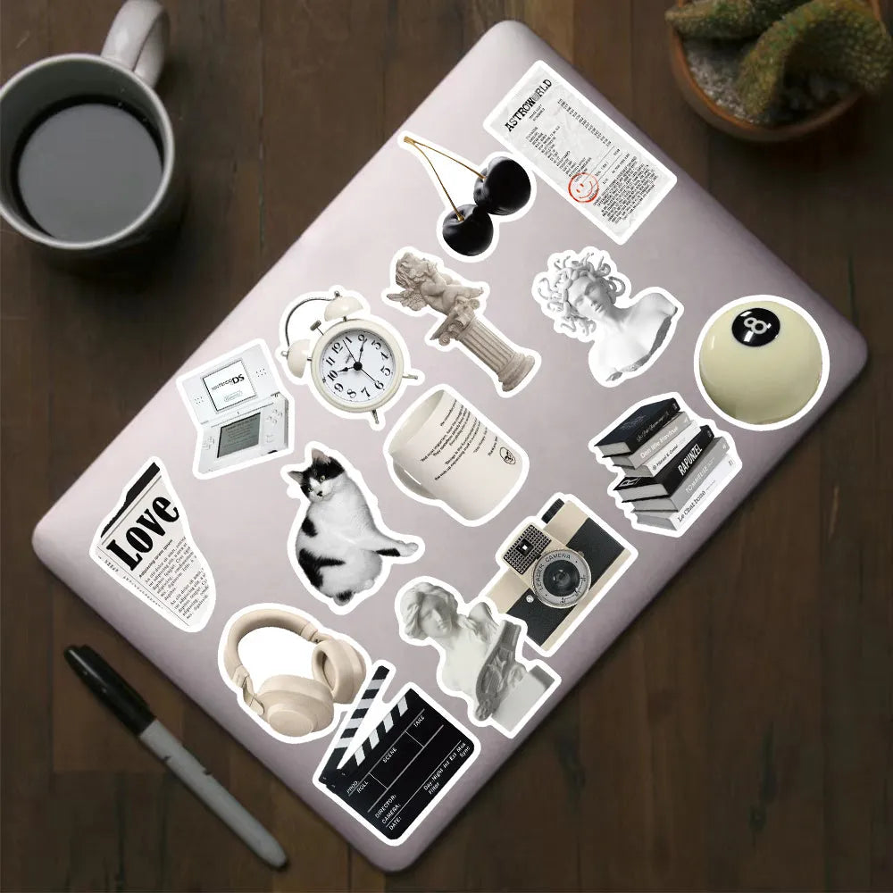 61-piece black and white PVC waterproof sticker pack for laptops and coffee cups