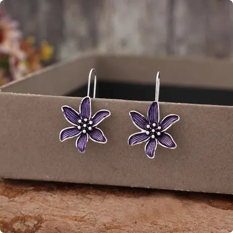 Women's purple flower-shaped earrings with alloy metal and electroplated finish