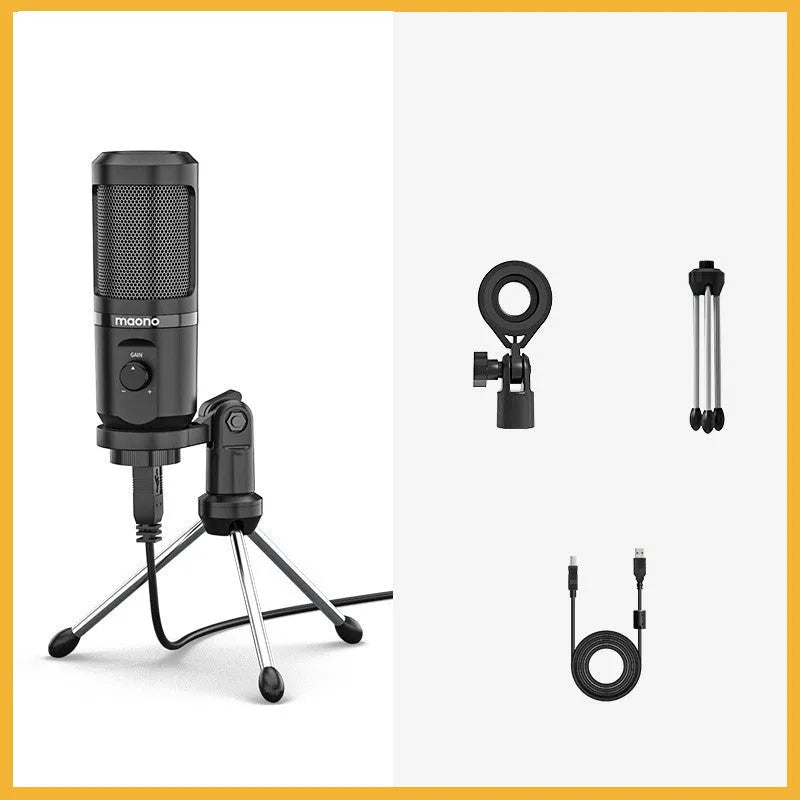 Black USB condenser microphone on a tripod with shock mount, next to a USB cable.