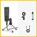 Black USB condenser microphone on a tripod with shock mount, next to a USB cable.